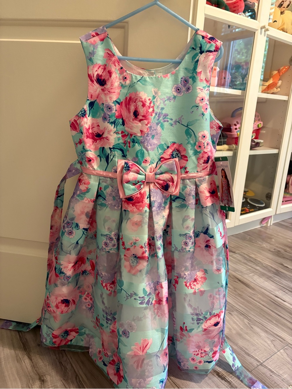 Jona Michelle Mint Floral Party Dress with Pink Accents